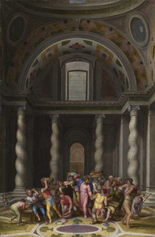 ‘The Purification of the Temple’ Marcello Venusti,after 1550. Oil on wood, 61×40cms © The National Gallery, London.